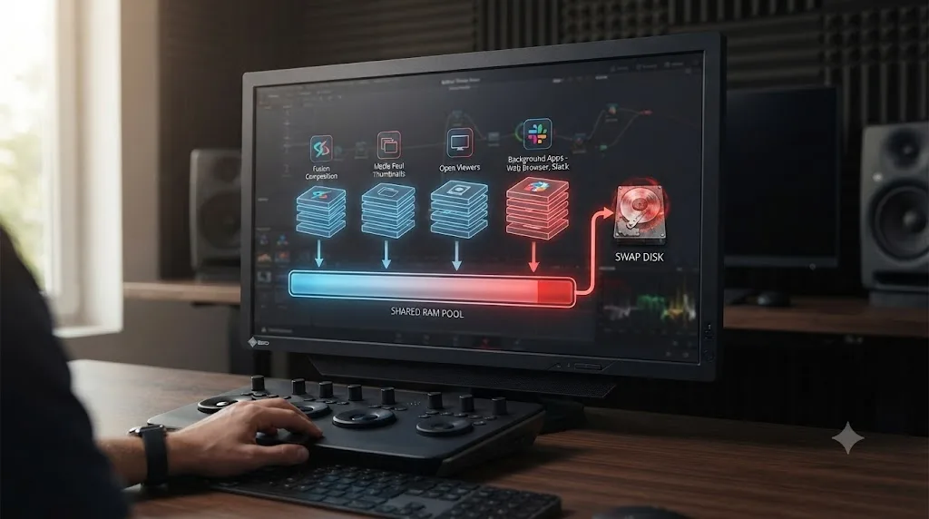 Illustration of Fusion, Media Pool thumbnails, viewers, and background apps all drawing from one shared RAM pool that overflows into swap