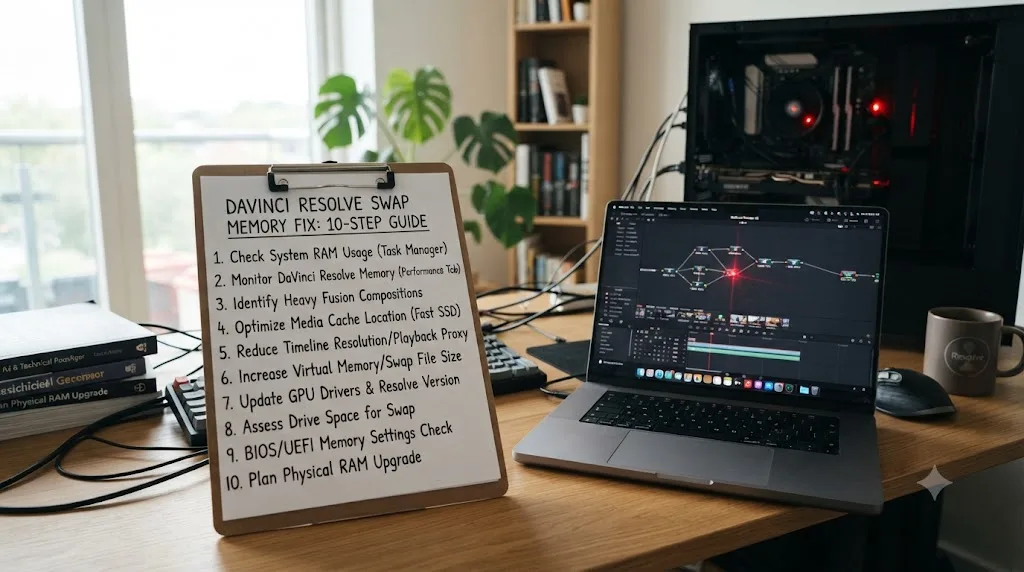 Illustration of a numbered ten step troubleshooting checklist for fixing DaVinci Resolve swap memory issues