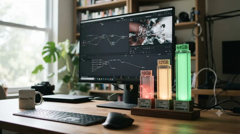Illustration comparing DaVinci Resolve Fusion performance across 16GB, 32GB, and 64GB of RAM