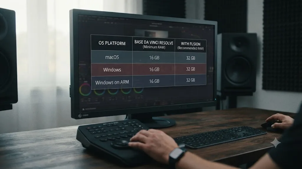 Illustration comparing DaVinci Resolve's minimum RAM requirements across macOS, Windows, and Windows on ARM, with and without Fusion