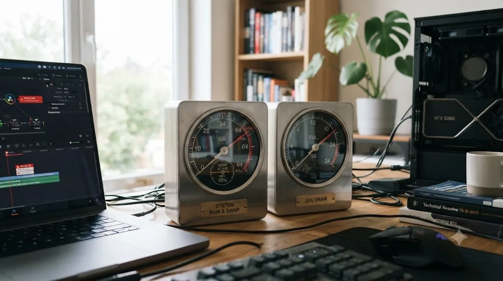 Illustration comparing a full system RAM and swap gauge against a separate full GPU VRAM gauge