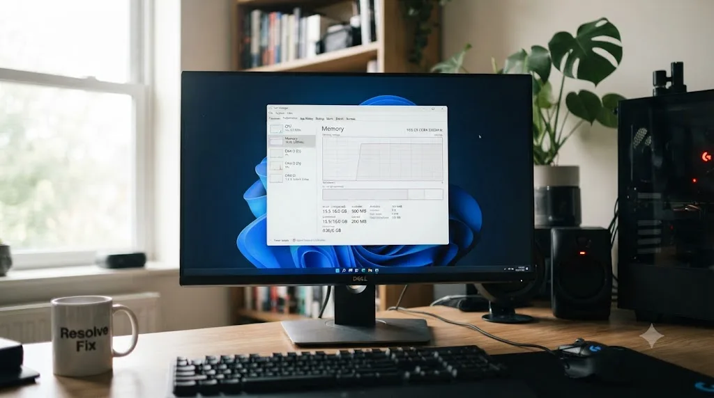 Illustration of a Windows Task Manager Memory pane showing committed memory approaching installed physical RAM