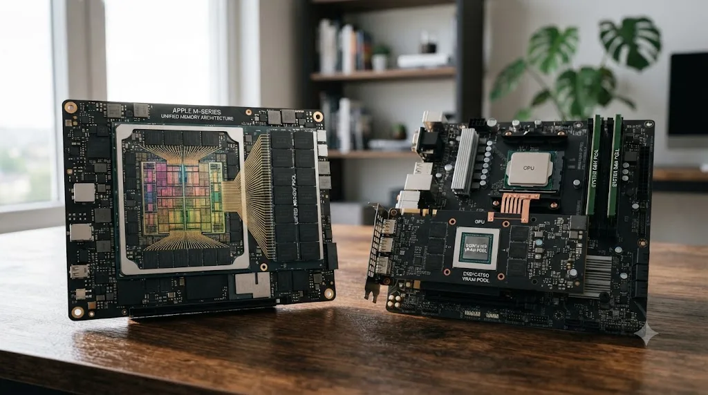 Illustration of Apple silicon unified memory shared between CPU and GPU compared with separate system RAM and GPU memory on a Windows PC