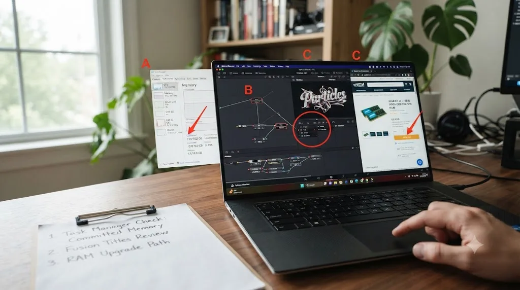 Illustration of a step by step diagnostic sequence checking committed memory, Fusion titles, and RAM upgrade options on a laptop