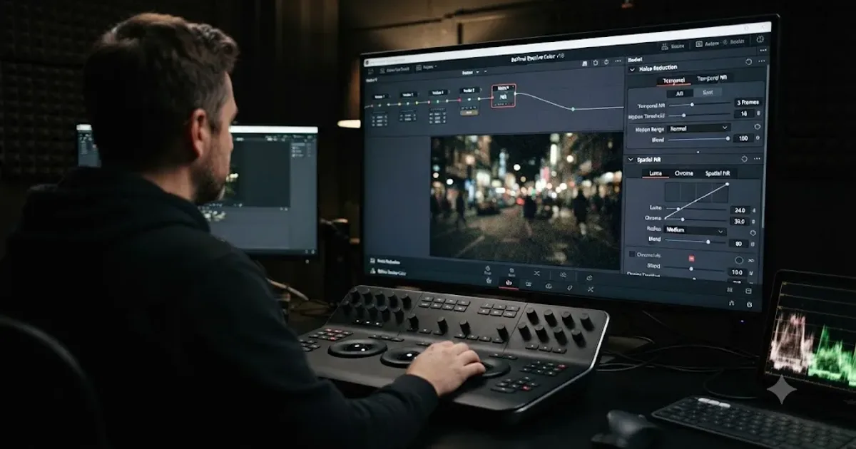 Illustration of temporal and spatial noise reduction sliders in DaVinci Resolve's Color page