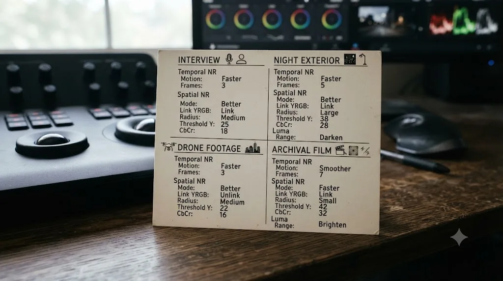 Illustration of a noise reduction settings cheat sheet for common shooting scenarios