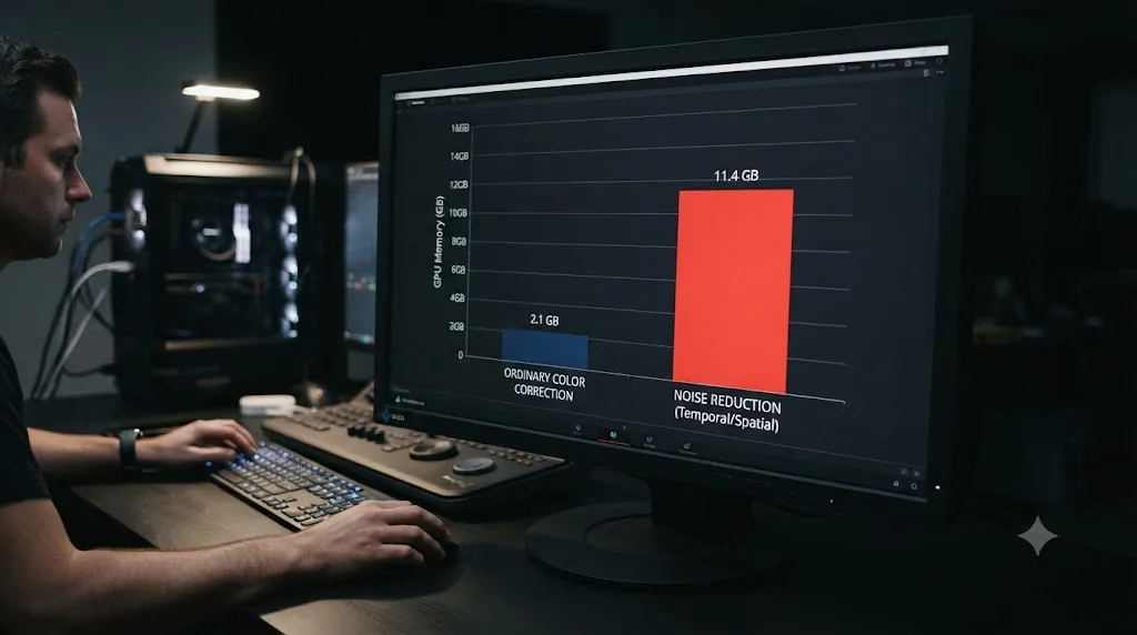 Illustration of noise reduction consuming a large share of GPU memory compared to ordinary color correction