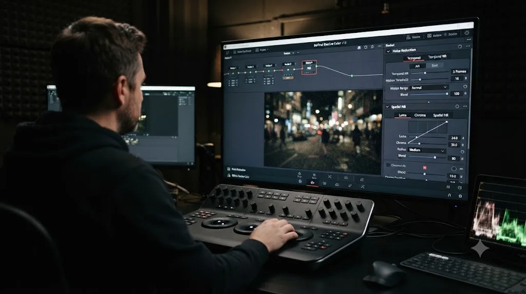 Illustration of temporal and spatial noise reduction sliders in DaVinci Resolve's Color page