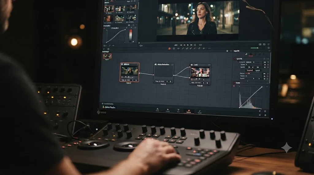 Illustration of a node chain ordering balance, noise reduction, and the final look in DaVinci Resolve