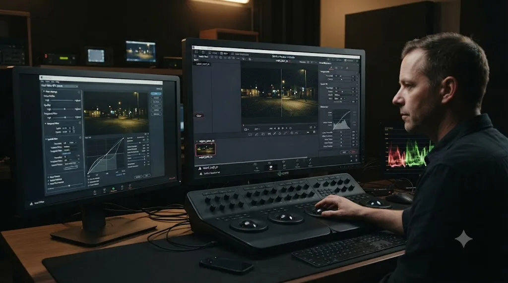 Illustration comparing DaVinci Resolve's built-in noise reduction against a third-party denoising plugin