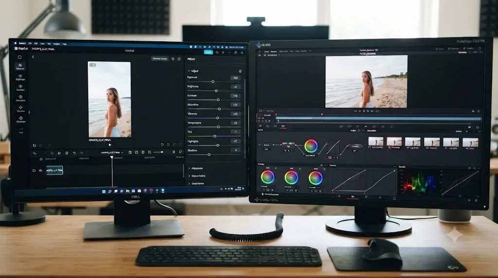 Illustration comparing CapCut's color sliders with a DaVinci Resolve node graph for color grading