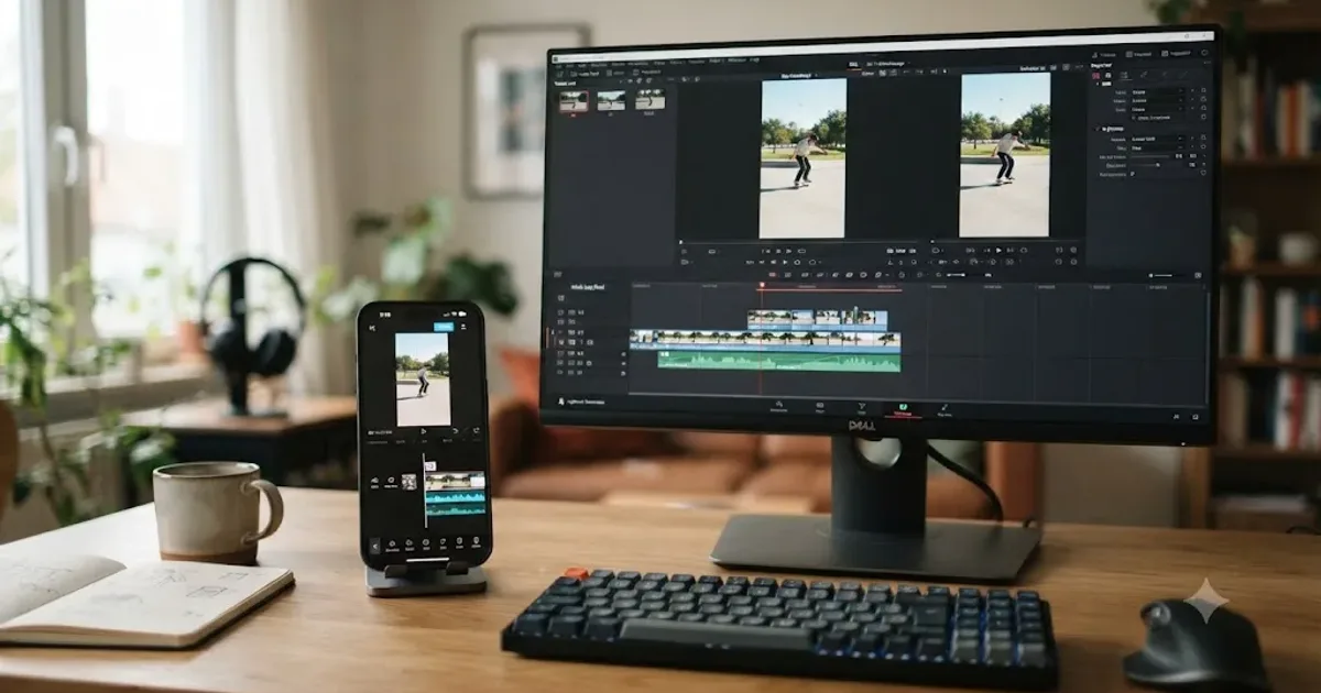 Illustration of the DaVinci Resolve and CapCut interfaces side by side with a phone showing a vertical video