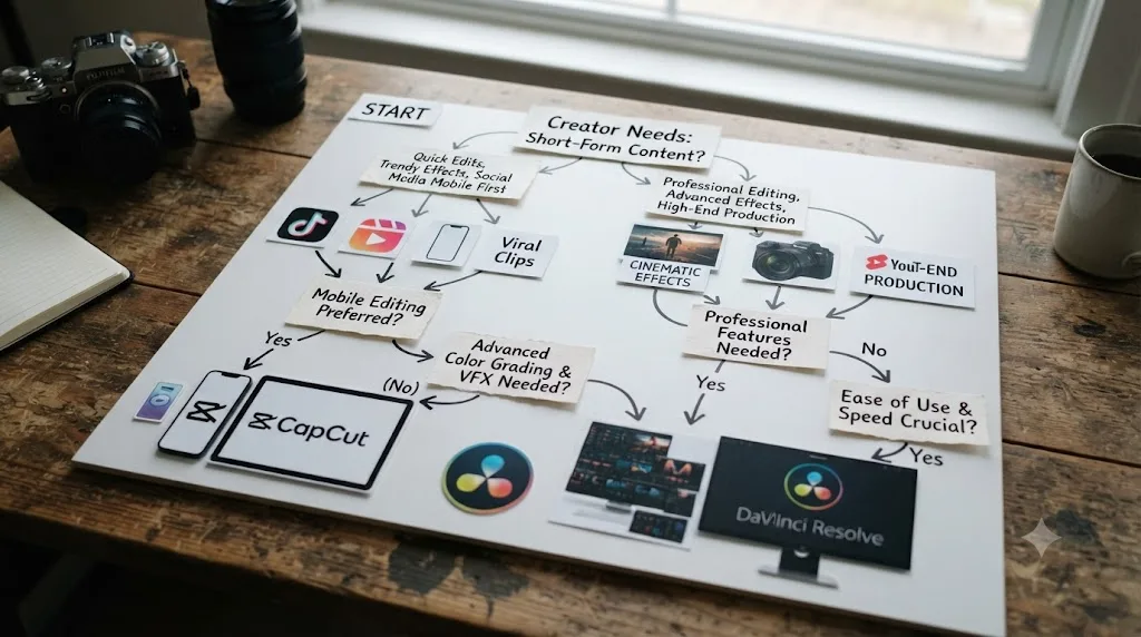Illustration of a decision flowchart for choosing between CapCut and DaVinci Resolve based on short-form content needs