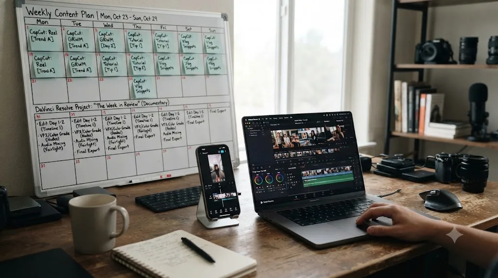 Illustration of a content calendar showing daily CapCut edits alongside a weekly DaVinci Resolve project
