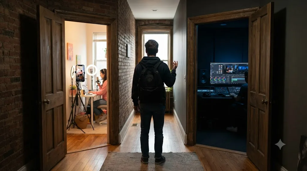 Illustration of a beginner choosing between the CapCut mobile interface and the DaVinci Resolve desktop interface