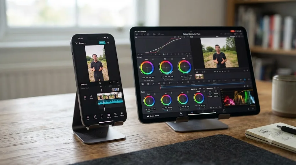 Illustration of a phone running CapCut next to an iPad running DaVinci Resolve with color grading tools visible