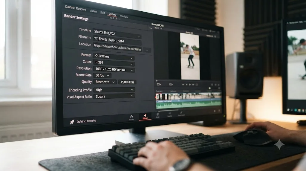 Illustration of a DaVinci Resolve Deliver page configured with 1080x1920 H.264 export settings for YouTube Shorts