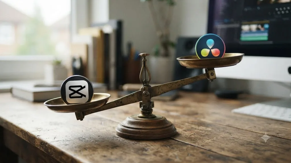 Illustration of a scale weighing CapCut against DaVinci Resolve, balancing speed against production quality