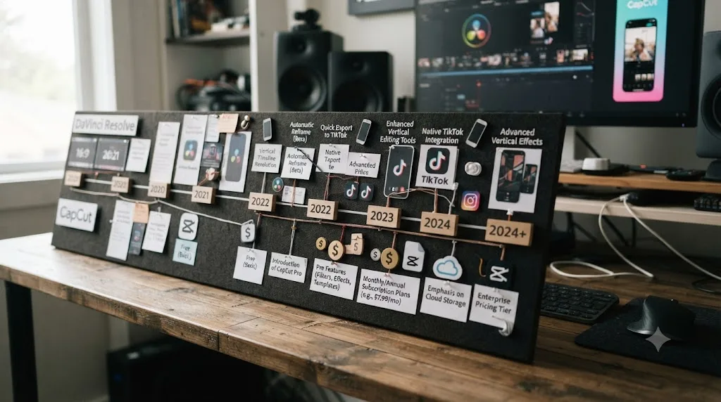 Illustration of a timeline showing DaVinci Resolve's vertical video features and CapCut's pricing changes evolving over time