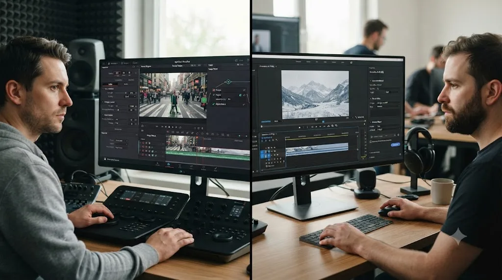 Illustration comparing DaVinci Resolve's AI repair tools with Premiere Pro's Firefly generative AI tools