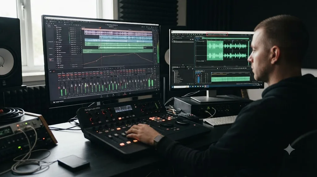 Illustration of the DaVinci Resolve Fairlight audio page compared with Adobe Audition connected through Dynamic Link