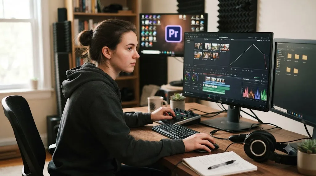Illustration of a beginner starting to learn video editing with DaVinci Resolve as their first tool