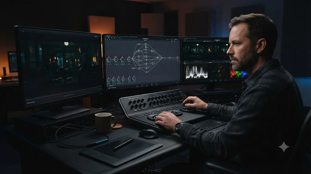 Illustration of a colorist working with a node graph on the DaVinci Resolve Color page