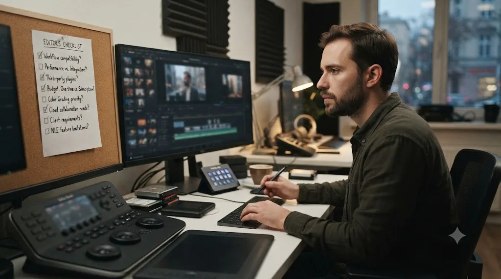 Illustration of a checklist of common mistakes when choosing between DaVinci Resolve and Premiere Pro