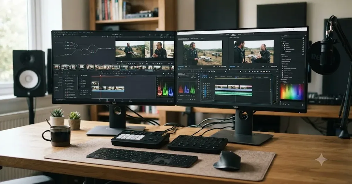 Illustration of the DaVinci Resolve and Premiere Pro interfaces facing off side by side