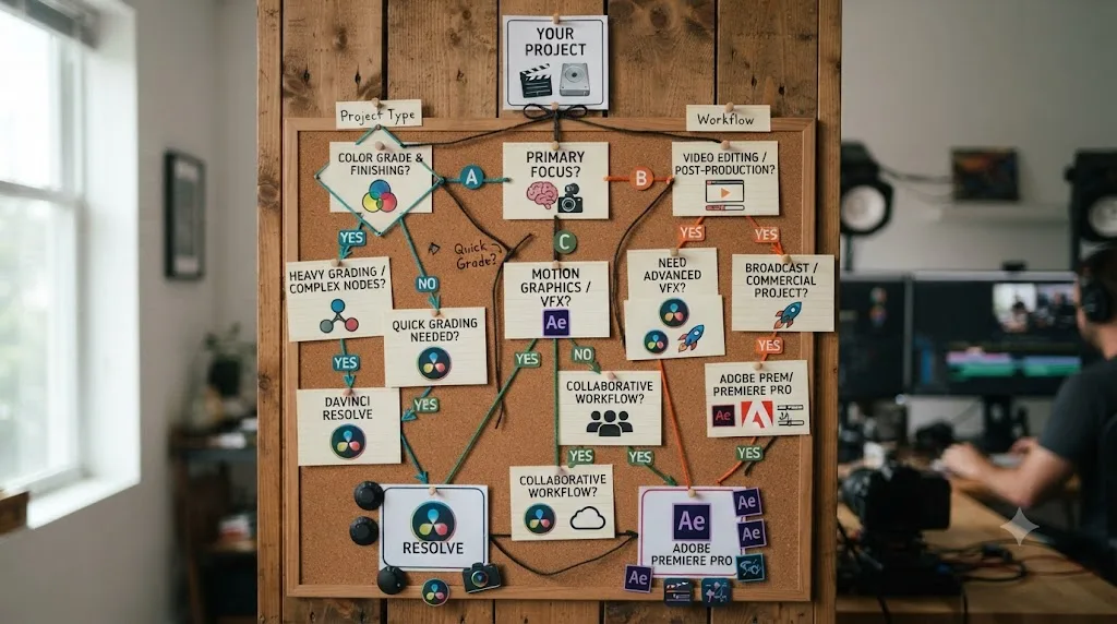 Illustration of a decision flowchart for choosing between DaVinci Resolve and Premiere Pro based on the type of project