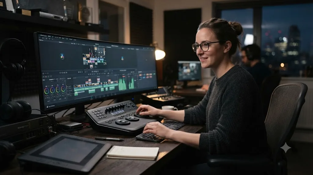 Illustration of a quote card about an editor's experience switching from Premiere Pro to DaVinci Resolve