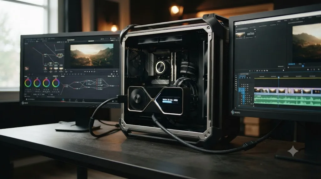 Illustration of a workstation GPU's video memory being used by DaVinci Resolve and Premiere Pro workflows