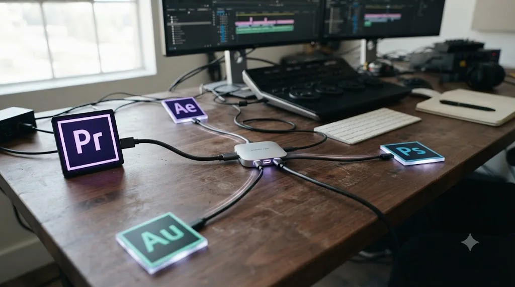 Illustration of Premiere Pro connected to After Effects, Photoshop, and Audition through Dynamic Link in a hub and spoke diagram