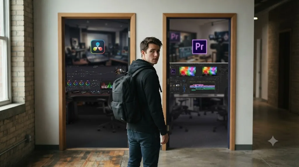 Illustration of a beginner choosing between learning DaVinci Resolve or Premiere Pro