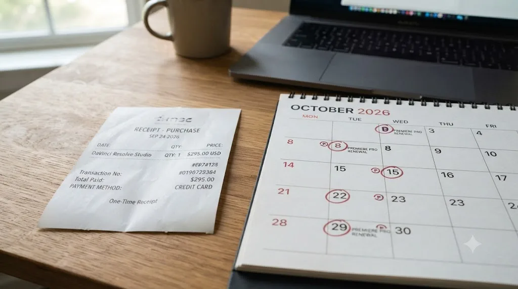 Illustration comparing a one-time DaVinci Resolve Studio purchase receipt with a recurring Premiere Pro subscription calendar