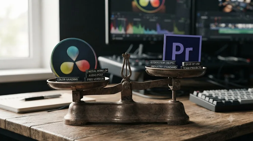 Illustration of a scale weighing DaVinci Resolve against Premiere Pro across different categories