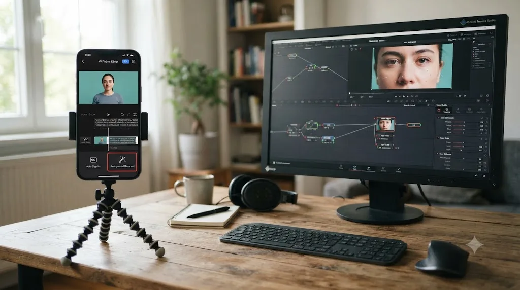 Illustration comparing VN Video Editor's AI captioning and background removal tools with DaVinci Resolve's Neural Engine repair tools