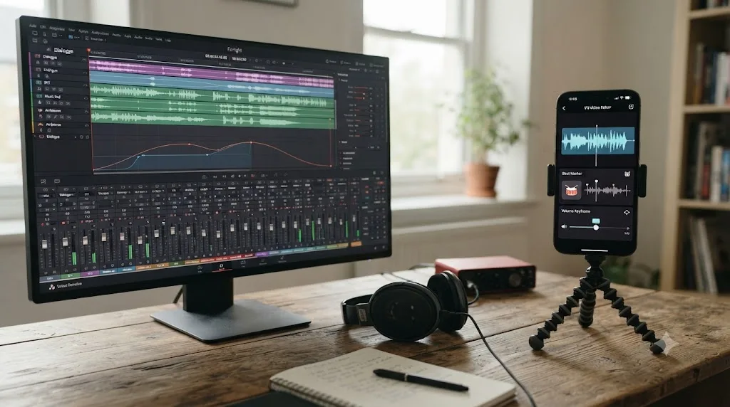 Illustration comparing the DaVinci Resolve Fairlight audio page with VN Video Editor's simpler audio adjustment panel