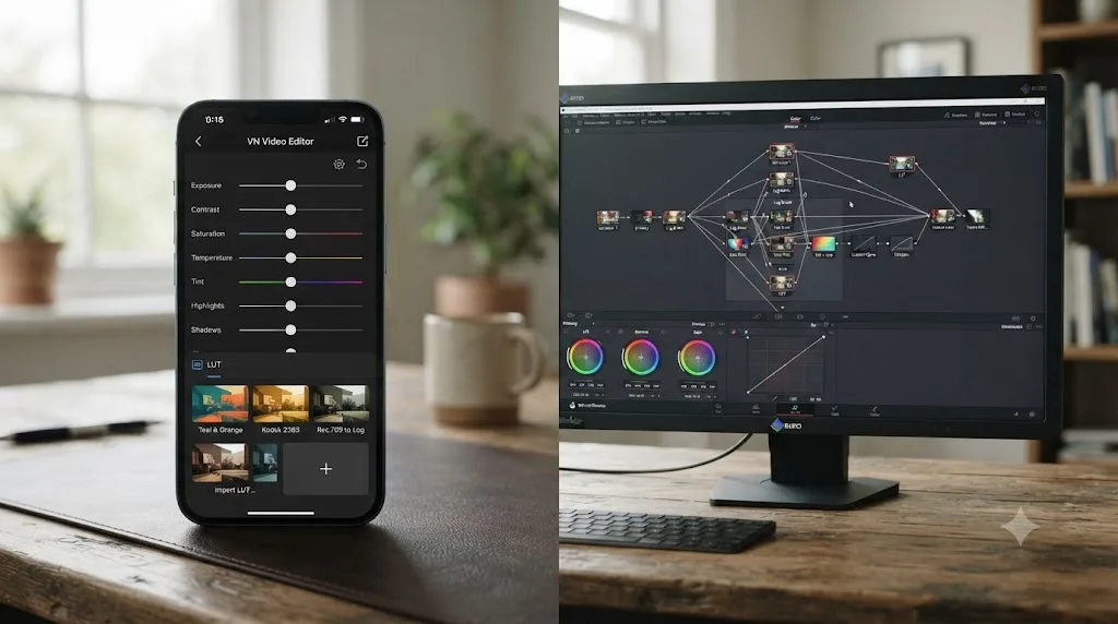 Illustration comparing VN Video Editor's color sliders and LUT import panel with a DaVinci Resolve node graph for color grading