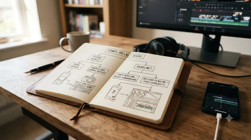 Illustration of a decision flowchart for choosing between VN Video Editor and DaVinci Resolve based on footage source and deadline