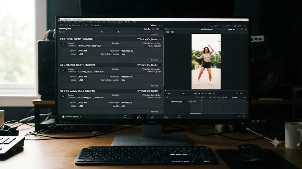Illustration of a DaVinci Resolve render queue with matching vertical export presets for TikTok, YouTube Shorts, and Instagram Reels