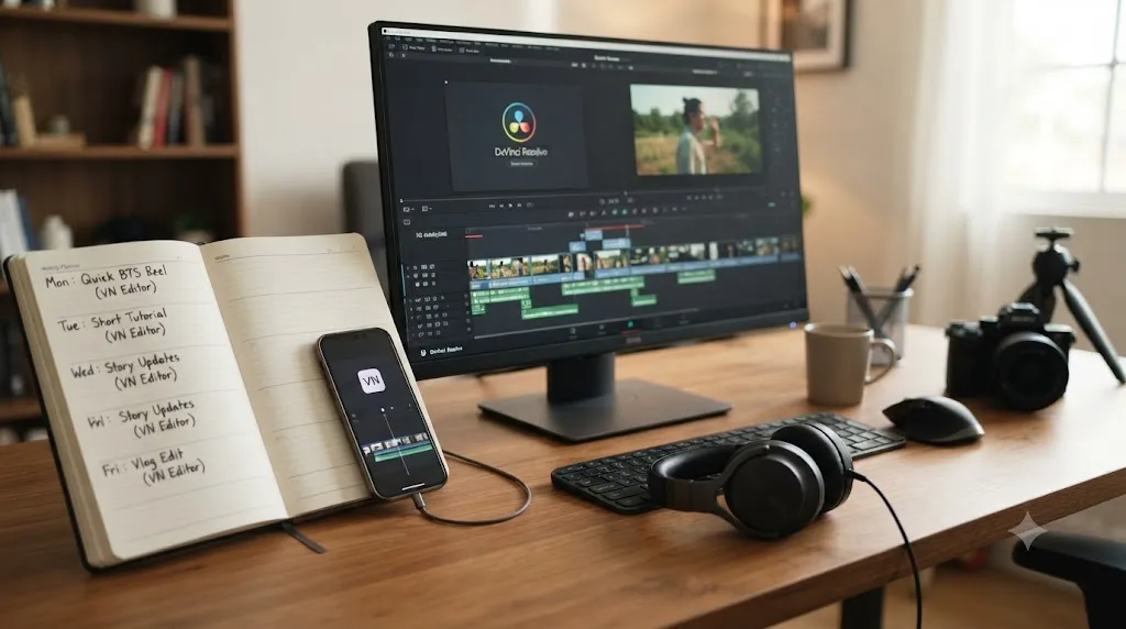 Illustration of a content calendar showing VN Video Editor phone edits alongside a DaVinci Resolve desktop project