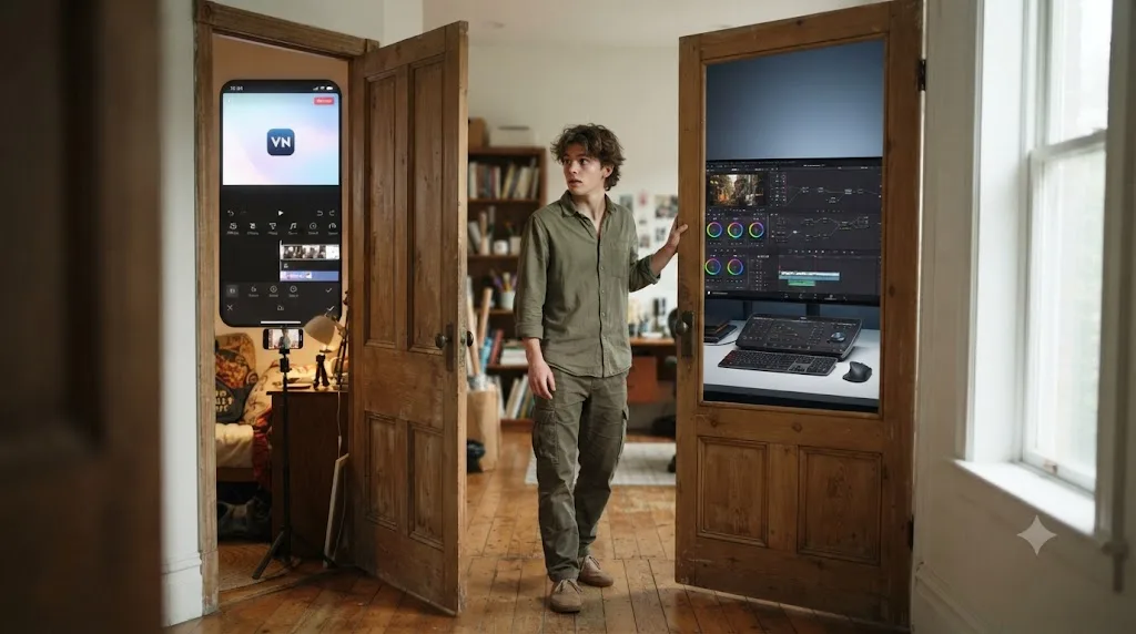 Illustration of a beginner choosing between VN Video Editor's mobile interface and DaVinci Resolve's desktop interface