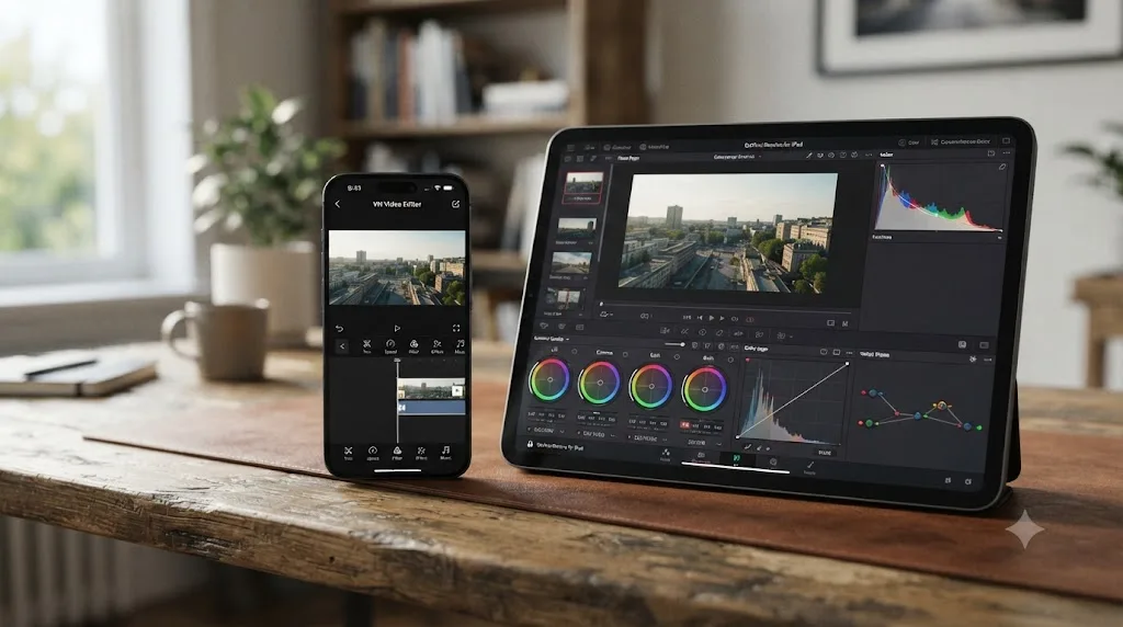 Illustration of a phone running VN Video Editor next to an iPad running DaVinci Resolve with color grading tools visible
