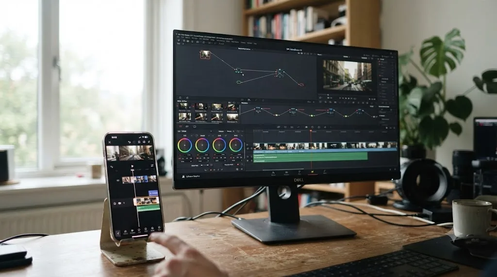 Illustration of a phone running VN Video Editor next to a desktop monitor running DaVinci Resolve