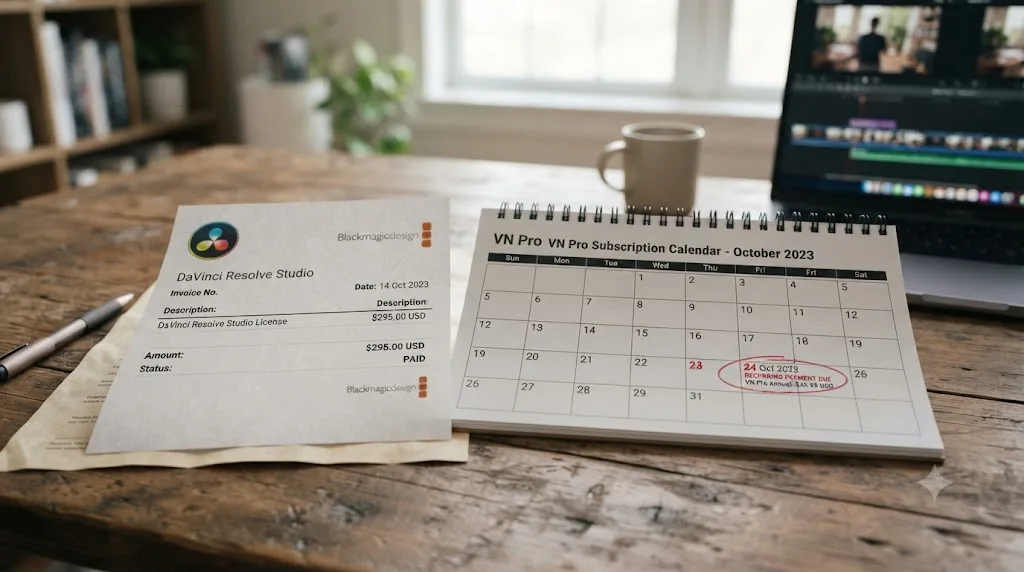 Illustration comparing a one-time DaVinci Resolve Studio purchase with a recurring VN Pro subscription calendar