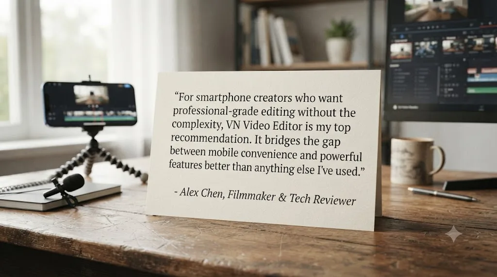Illustration of a quote card about a filmmaker's review recommending VN Video Editor for smartphone creators