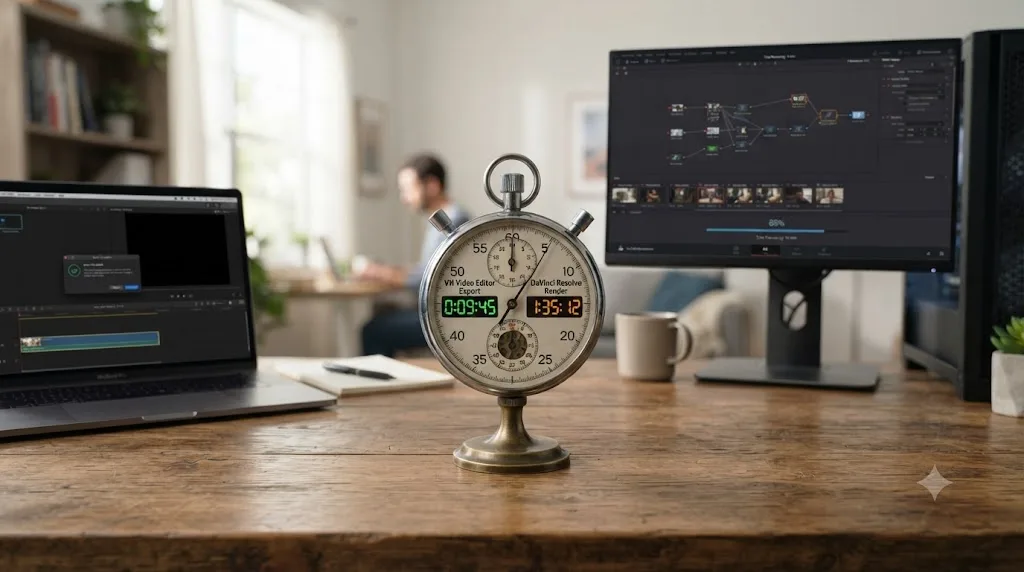 Illustration of a stopwatch comparing a fast VN Video Editor export against a slower DaVinci Resolve render process