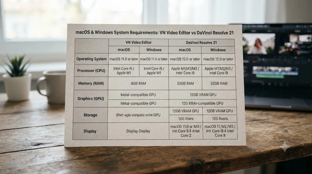 Illustration of a comparison chart showing macOS and Windows system requirements for VN Video Editor and DaVinci Resolve 21
