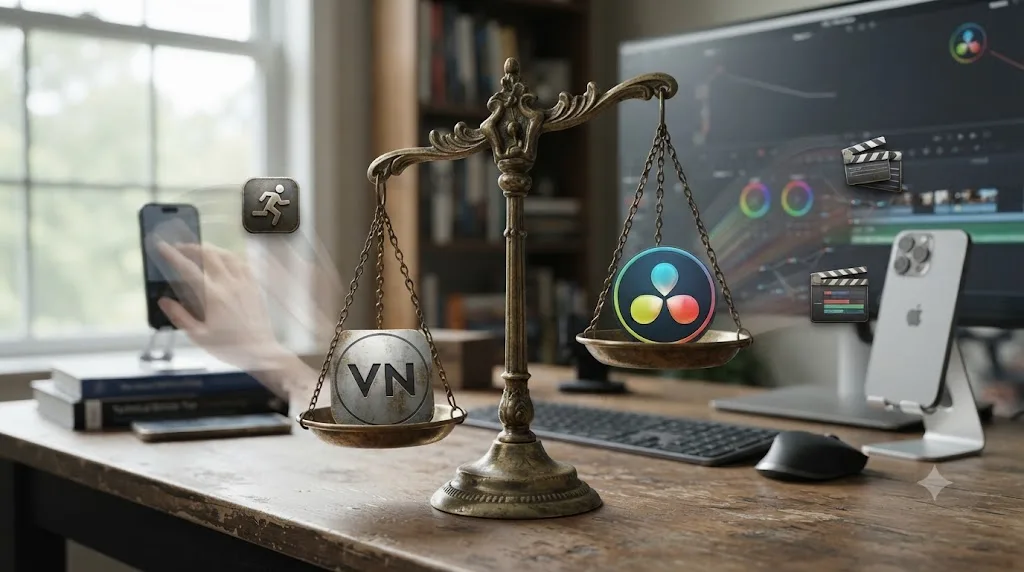 Illustration of a scale weighing VN Video Editor against DaVinci Resolve, balancing mobile speed against production depth